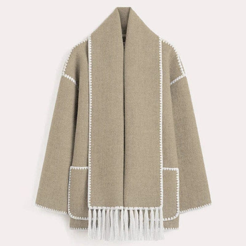 Damski Płaszcz | Luźny krój z wbudowanym frędzlowym szalem - Arkadya Outlet - Coats