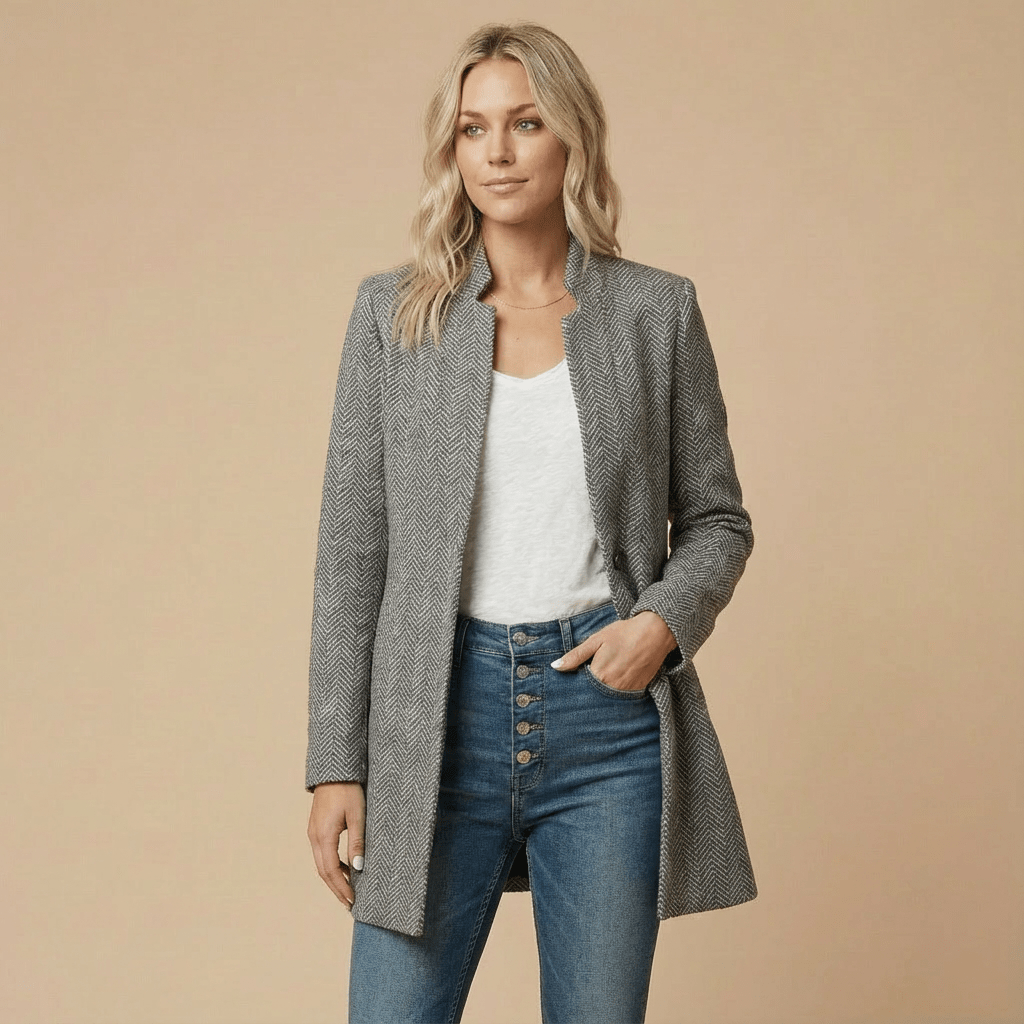 Damski Żakiet | Krój Relaxed z Otwartym Przodem i Wzorem Jodełki - Arkadya Outlet - Blazers