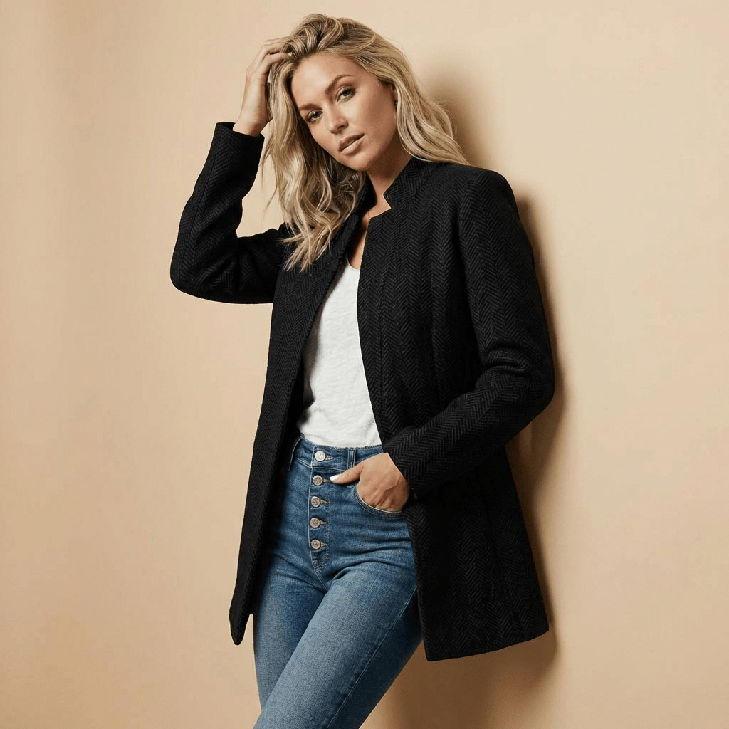 Damski Żakiet | Krój Relaxed z Otwartym Przodem i Wzorem Jodełki - Arkadya Outlet - Blazers