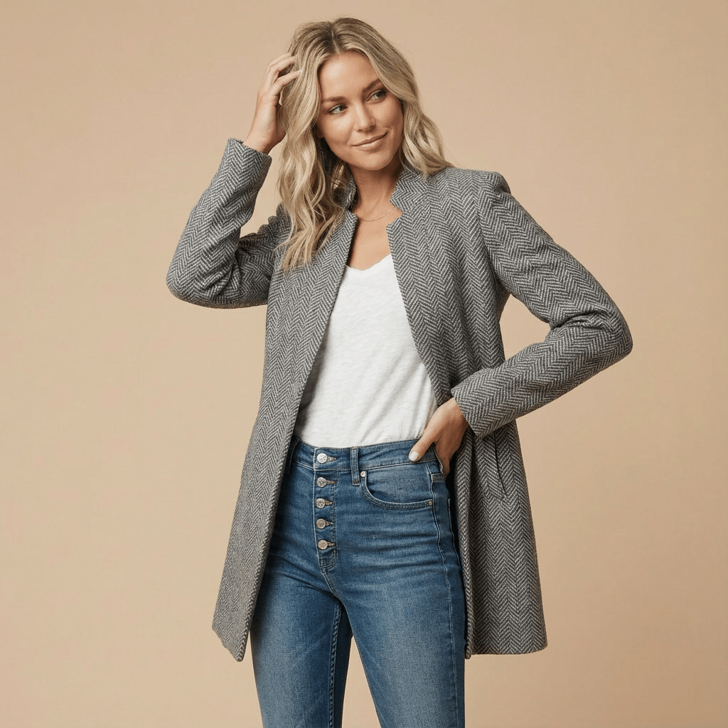 Damski Żakiet | Krój Relaxed z Otwartym Przodem i Wzorem Jodełki - Arkadya Outlet - Blazers