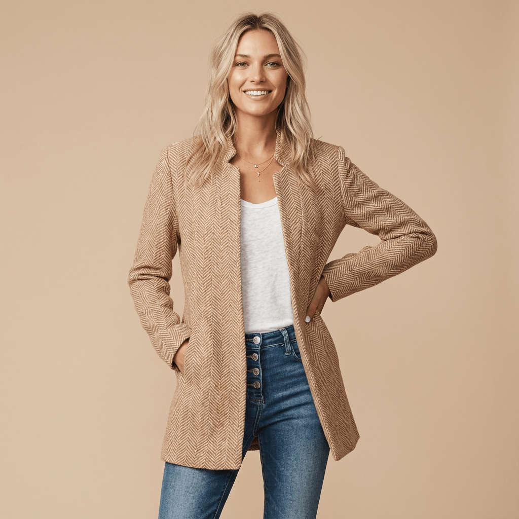 Damski Żakiet | Krój Relaxed z Otwartym Przodem i Wzorem Jodełki - Arkadya Outlet - Blazers