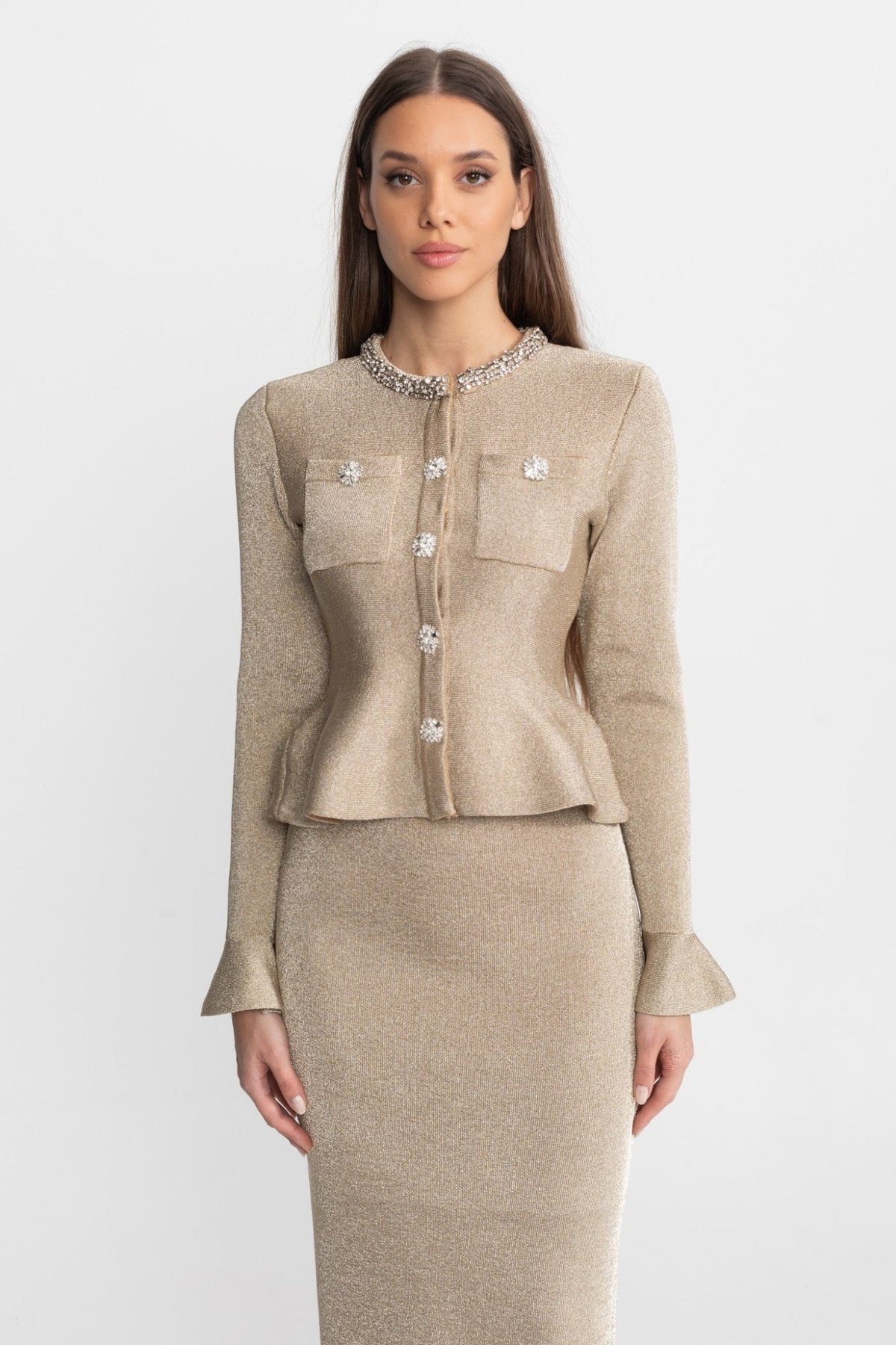 Damski Zestaw Dzianinowy | Żakiet Peplum i Spódnica Midi - Arkadya Outlet - Sets