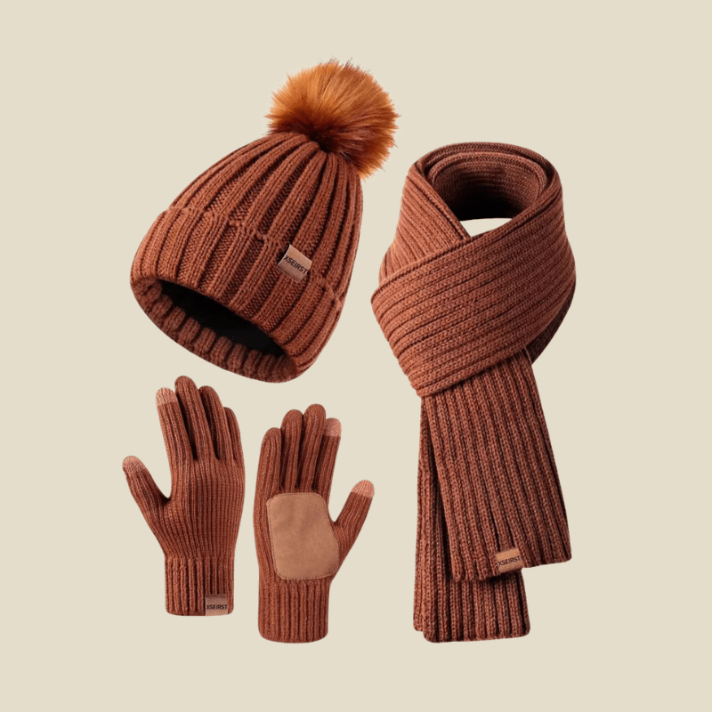 Damski Zestaw Zimowy | Czapka, Szalik i Rękawiczki w Prążek - Arkadya Outlet - Sets