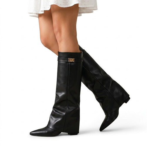 Damskie Botki | Cholewka do kolan z klinowym obcasem - Arkadya Outlet - Boots