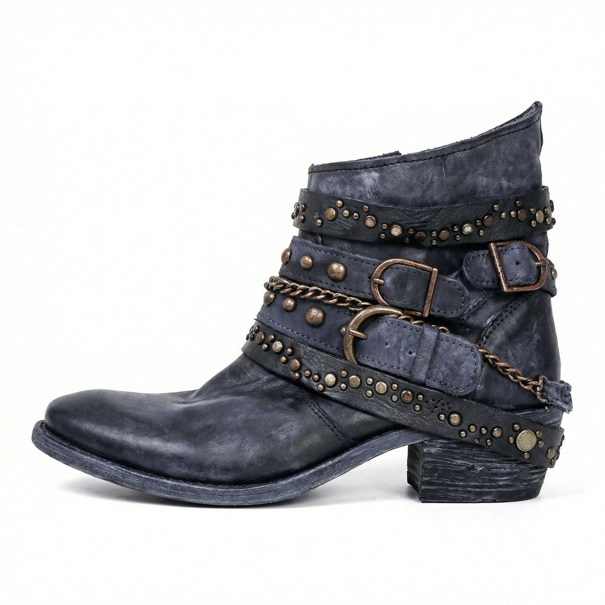 Damskie Botki | Wielopaskowe z Klamrami i Nitami na Boku - Arkadya Outlet - Boots