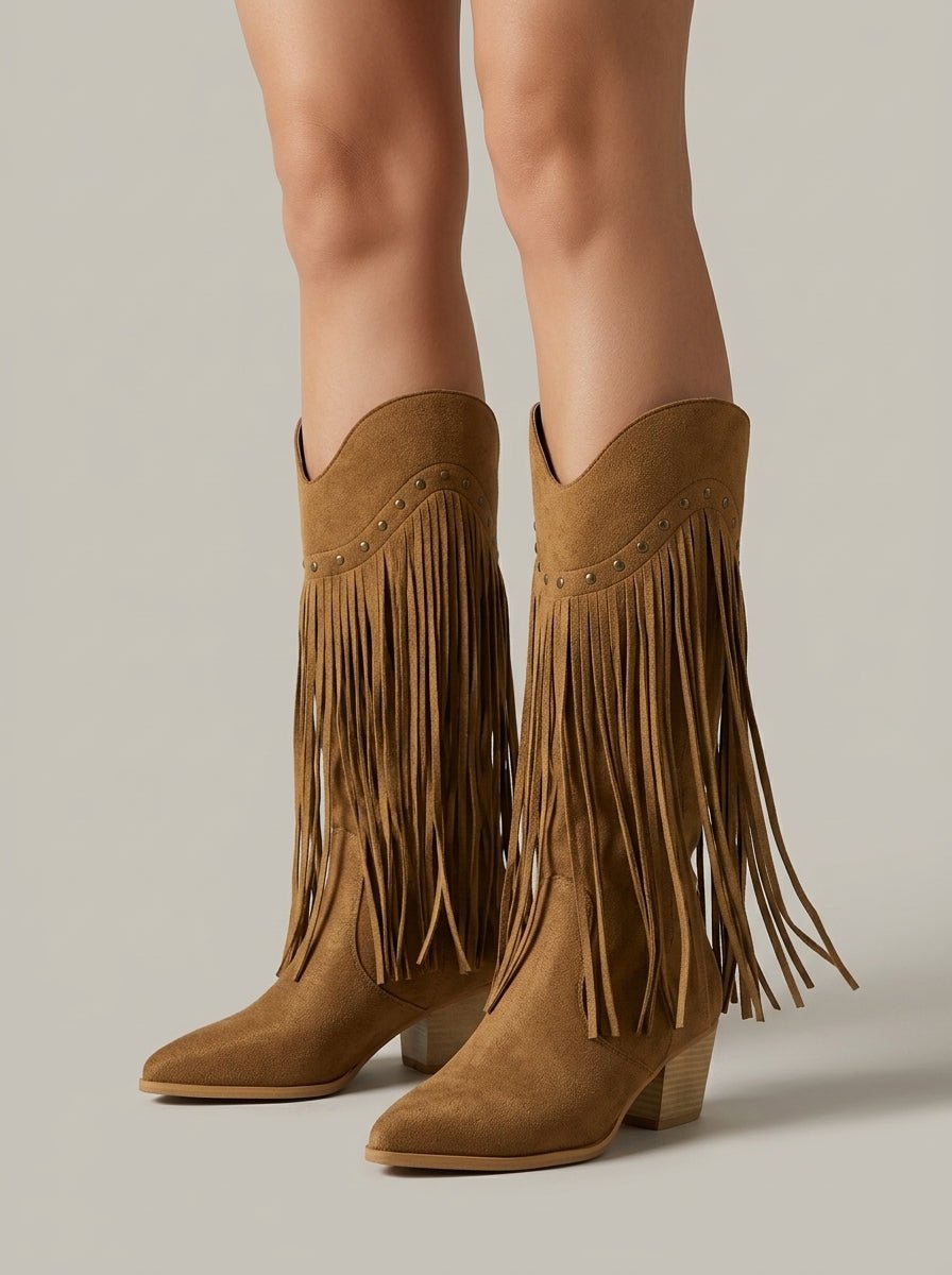Damskie Kozaki | Szpiczasty Nosek i Frędzle do Kolan - Arkadya Outlet - Boots