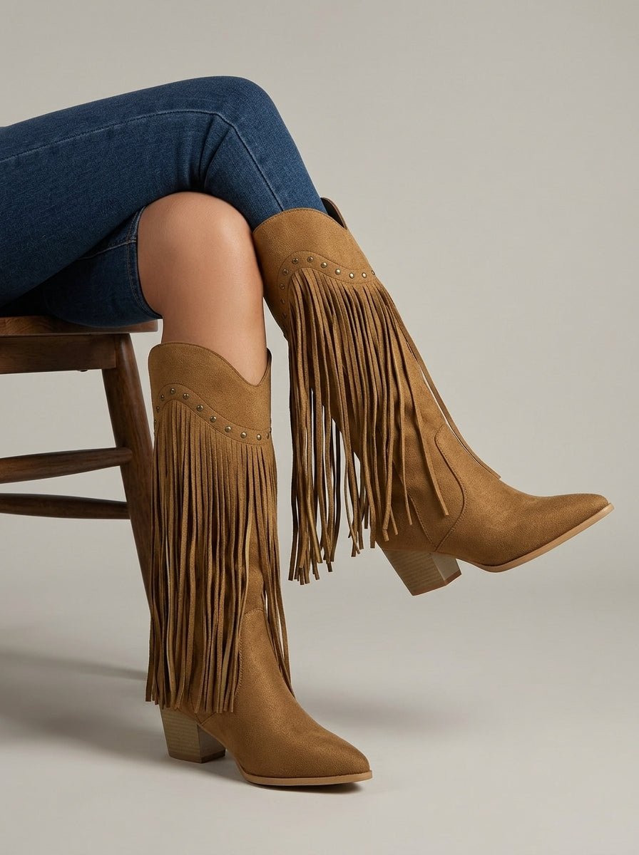Damskie Kozaki | Szpiczasty Nosek i Frędzle do Kolan - Arkadya Outlet - Boots