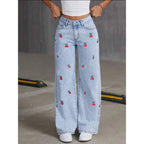 Damskie Spodnie Dżinsowe | Szerokie Nogawki z Haftem Wiśni - Arkadya Outlet - Trousers