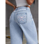 Damskie Spodnie Dżinsowe | Szerokie Nogawki z Haftem Wiśni - Arkadya Outlet - Trousers