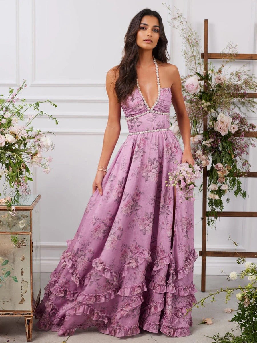 Elegancka sukienka damska w kroju A - line – rozkloszowana sylwetka - Arkadya Outlet - Women Maxi Dress