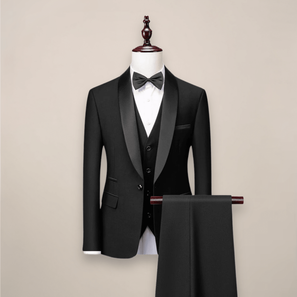 Garnitur Męski Trzyczęściowy | Smoking z Klapą Szalową i Kamizelką - Arkadya Outlet - Suits