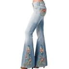 Jeansy damskie dzwony z haftem kwiatowym - Arkadya Outlet - Women Pants