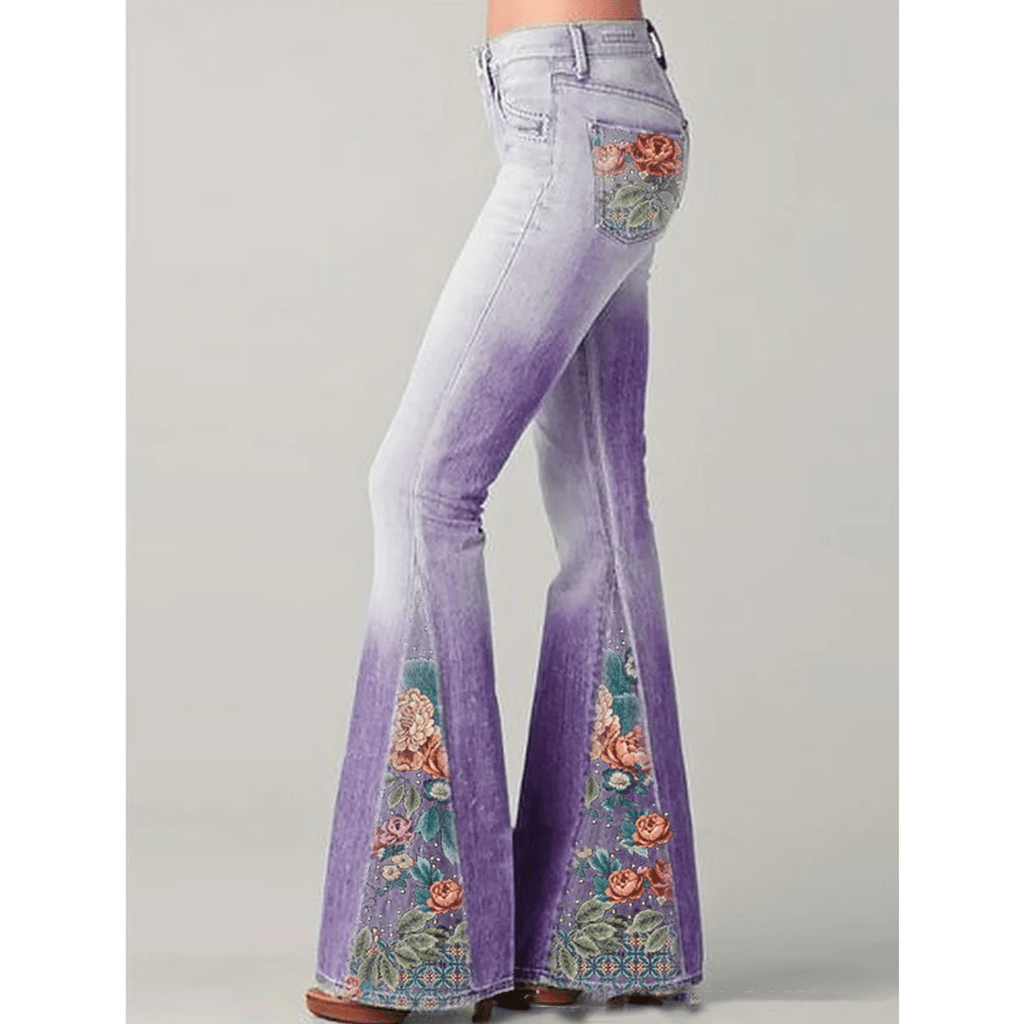 Jeansy damskie dzwony z haftem kwiatowym - Arkadya Outlet - Women Pants