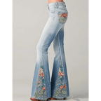 Jeansy damskie dzwony z haftem kwiatowym - Arkadya Outlet - Women Pants
