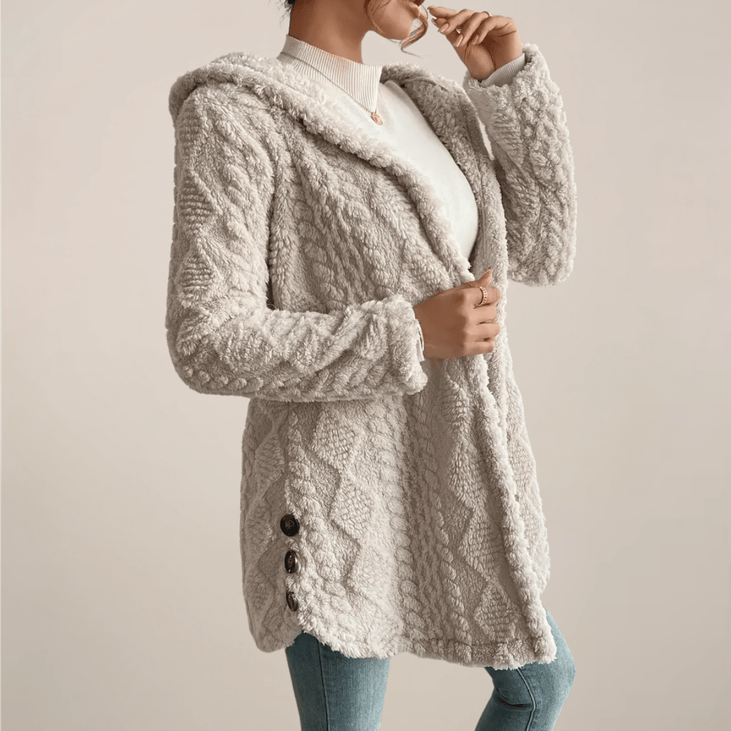 Kardigan damski długi z kapturem i guzikami - Arkadya Outlet - Women Coat