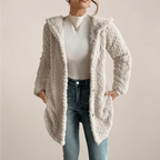 Kardigan damski długi z kapturem i guzikami - Arkadya Outlet - Women Coat
