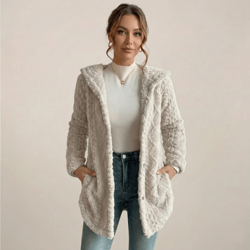 Kardigan damski długi z kapturem i guzikami - Arkadya Outlet - Women Coat