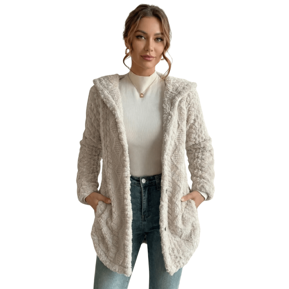 Kardigan damski długi z kapturem i guzikami - Arkadya Outlet - Women Coat