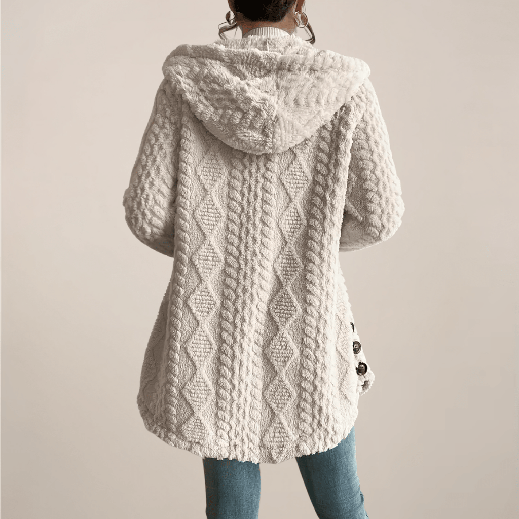 Kardigan damski długi z kapturem i guzikami - Arkadya Outlet - Women Coat