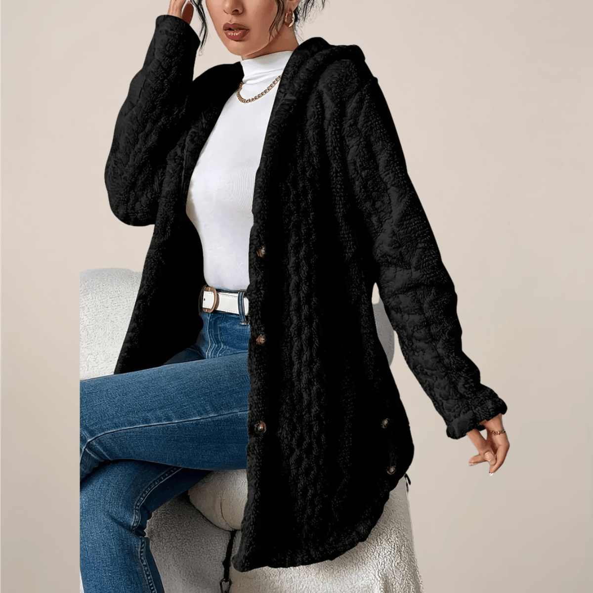 Kardigan damski długi z kapturem otwarty - Arkadya Outlet - Women Cardigan