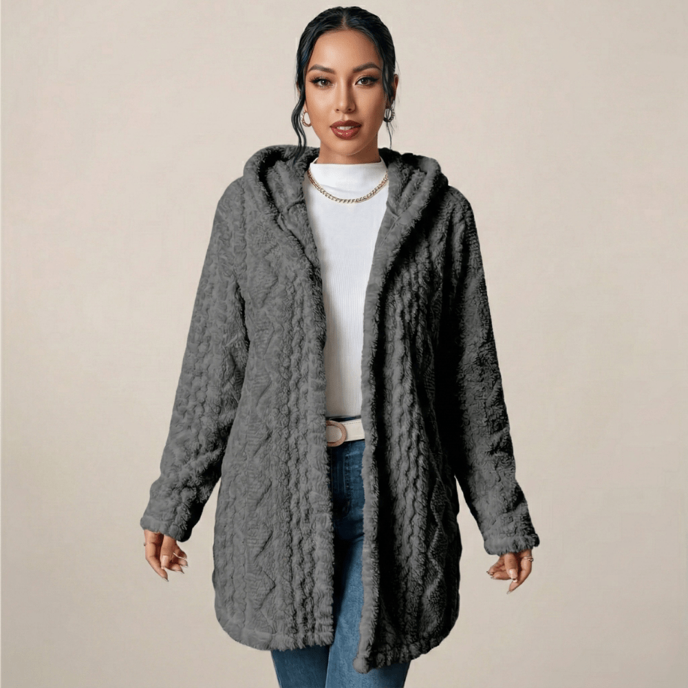 Kardigan damski długi z kapturem otwarty - Arkadya Outlet - Women Cardigan