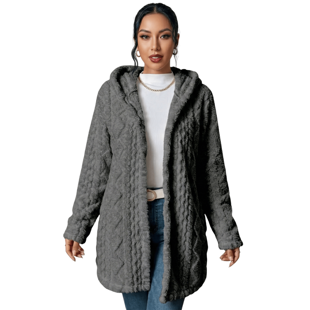 Kardigan damski długi z kapturem otwarty - Arkadya Outlet - Women Cardigan