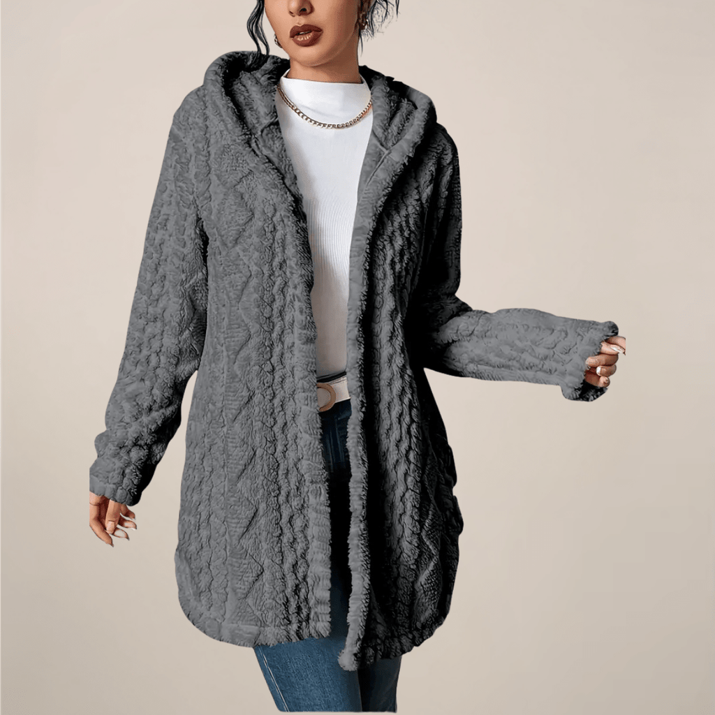 Kardigan damski długi z kapturem otwarty - Arkadya Outlet - Women Cardigan