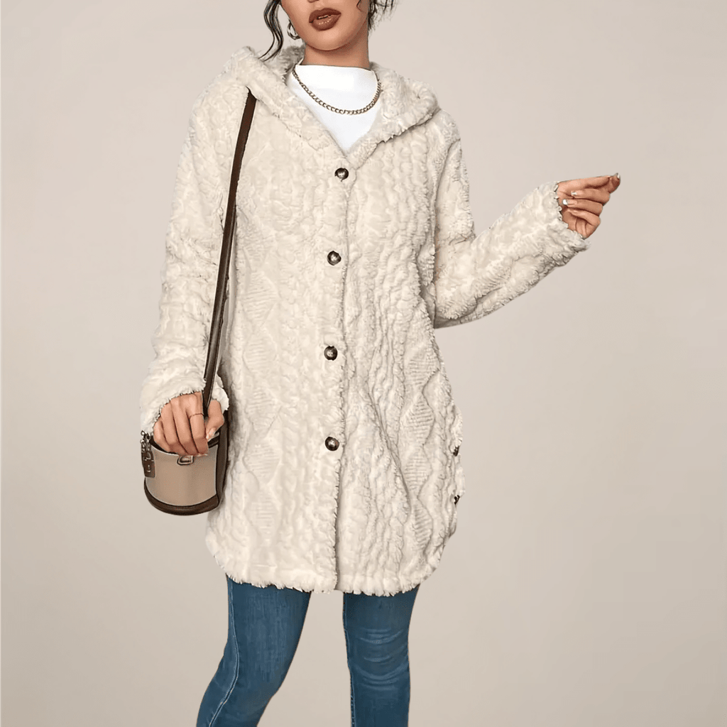 Kardigan damski długi z kapturem otwarty - Arkadya Outlet - Women Cardigan