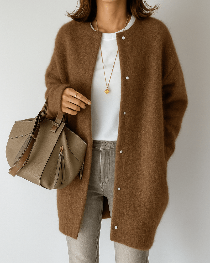 Kardigan Damski | Luźny krój z guzikami i okrągłym dekoltem - Arkadya Outlet - Cardigans