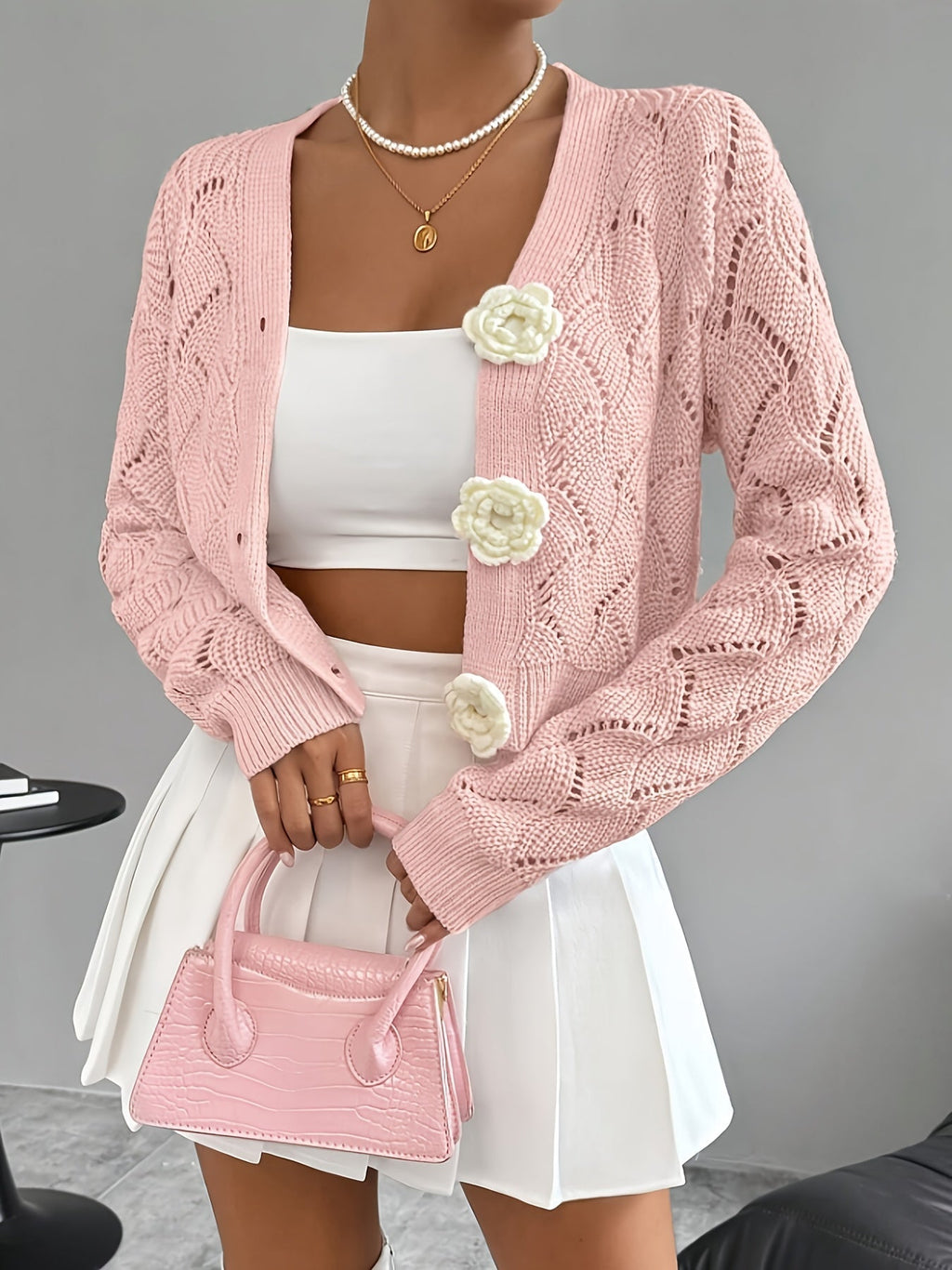 Kardigan Damski | Luźny krój z koronkowym ściegiem szydełkowym - Arkadya Outlet - Cardigans