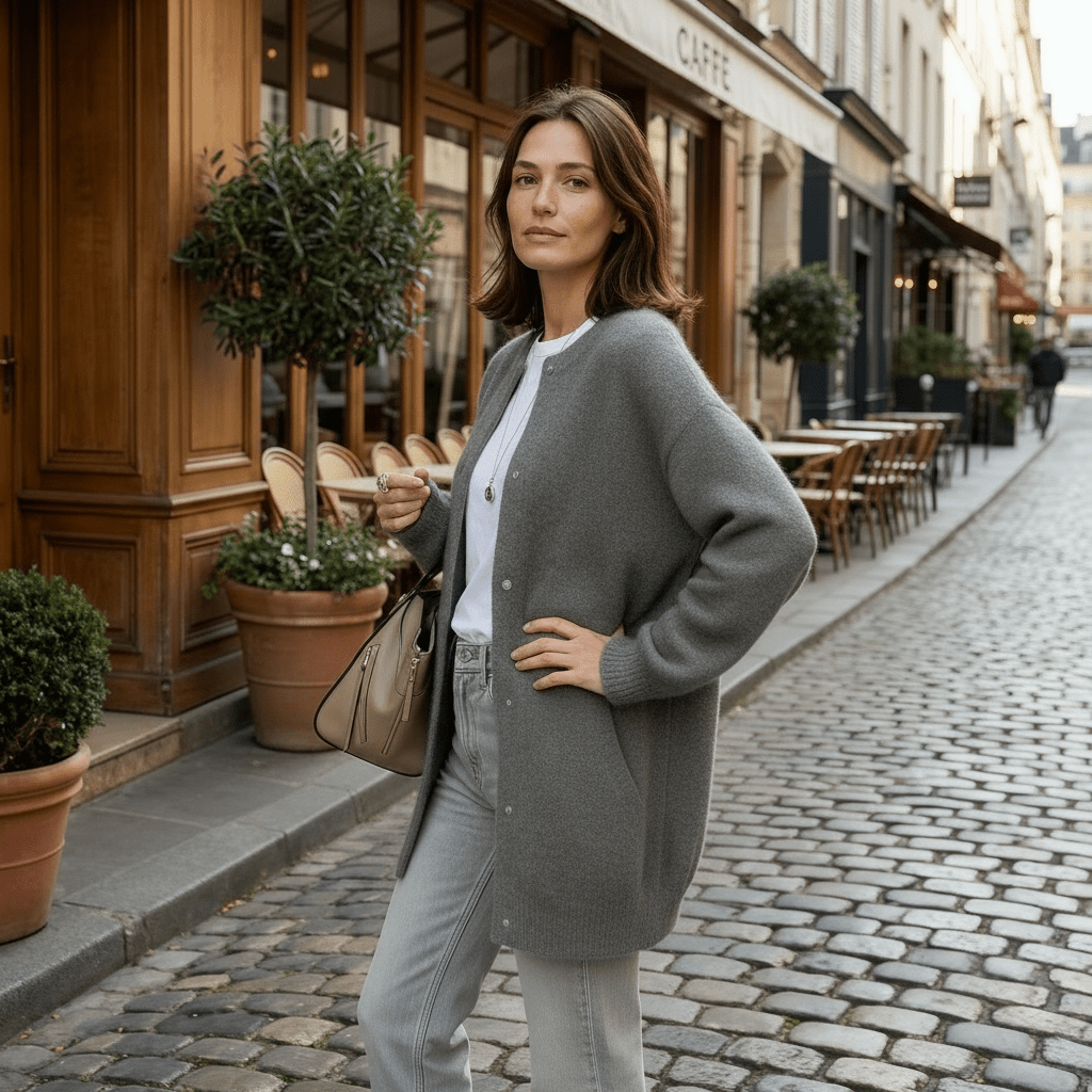 Kardigan Damski | Luźny krój z okrągłym dekoltem i kieszeniami - Arkadya Outlet - Cardigans