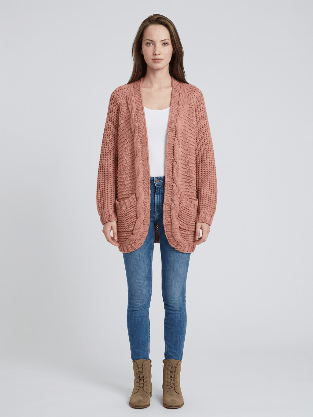 Kardigan Damski | Oversized z Splotem Kablowym i Kieszeniami - Arkadya Outlet - Cardigans