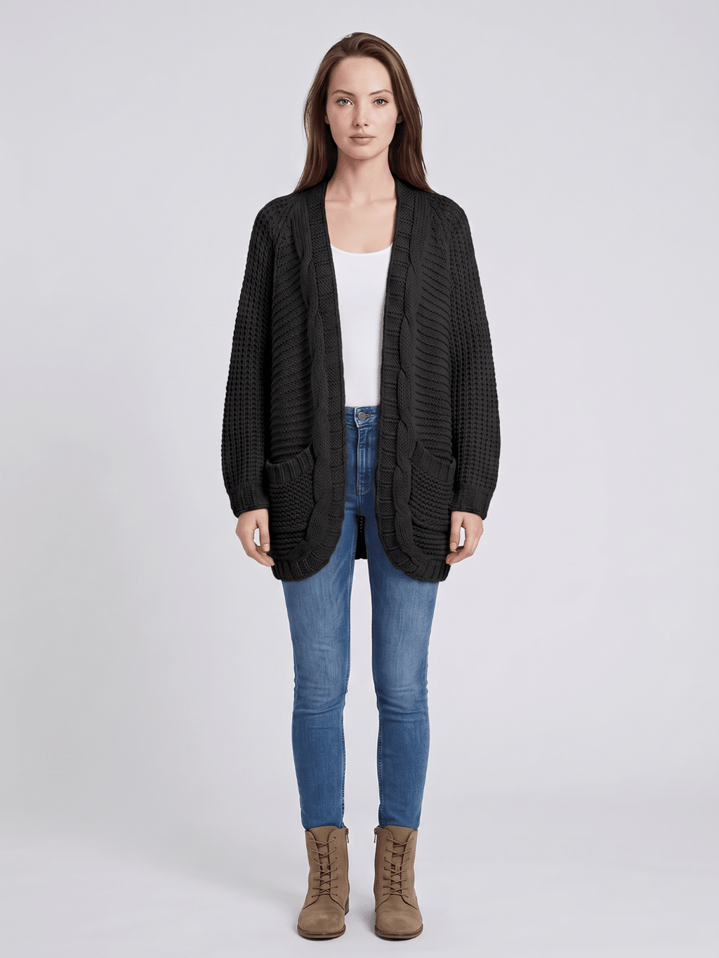 Kardigan Damski | Oversized z Splotem Kablowym i Kieszeniami - Arkadya Outlet - Cardigans