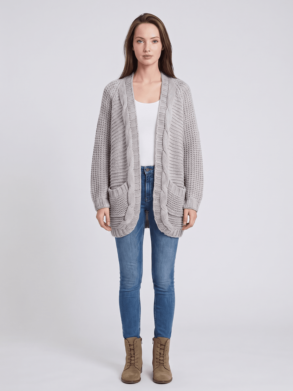 Kardigan Damski | Oversized z Splotem Kablowym i Kieszeniami - Arkadya Outlet - Cardigans