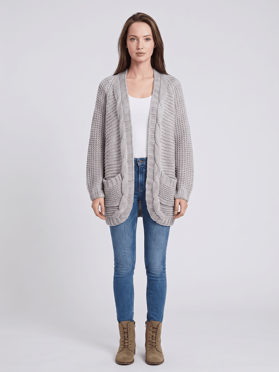 Kardigan Damski | Oversized z Splotem Kablowym i Kieszeniami - Arkadya Outlet - Cardigans