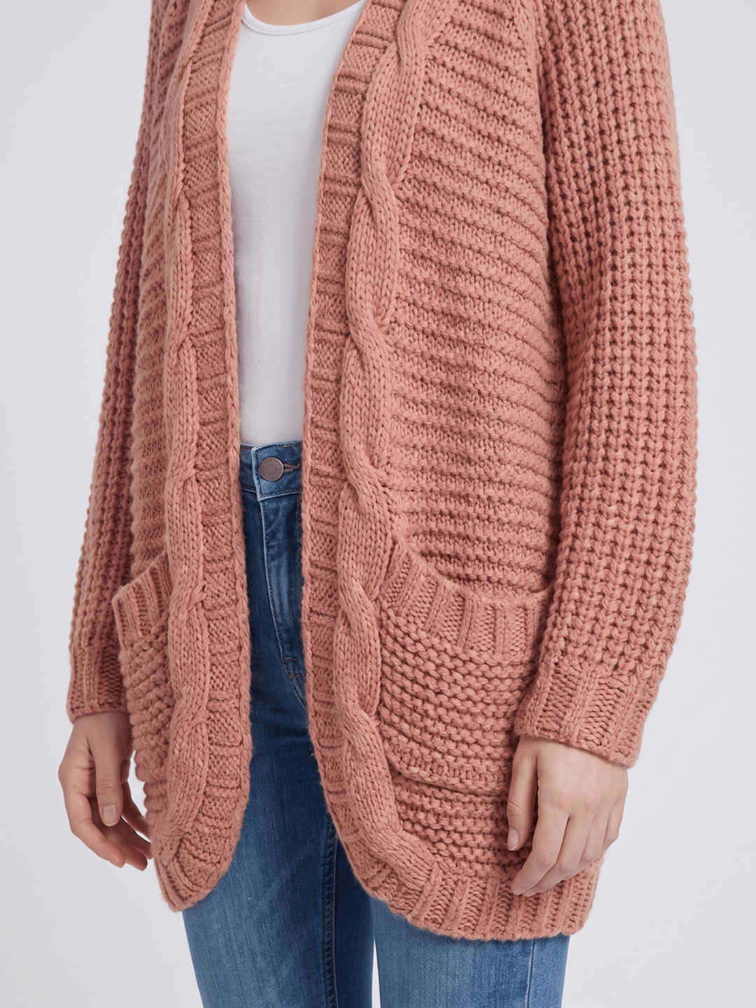 Kardigan Damski | Oversized z Splotem Kablowym i Kieszeniami - Arkadya Outlet - Cardigans