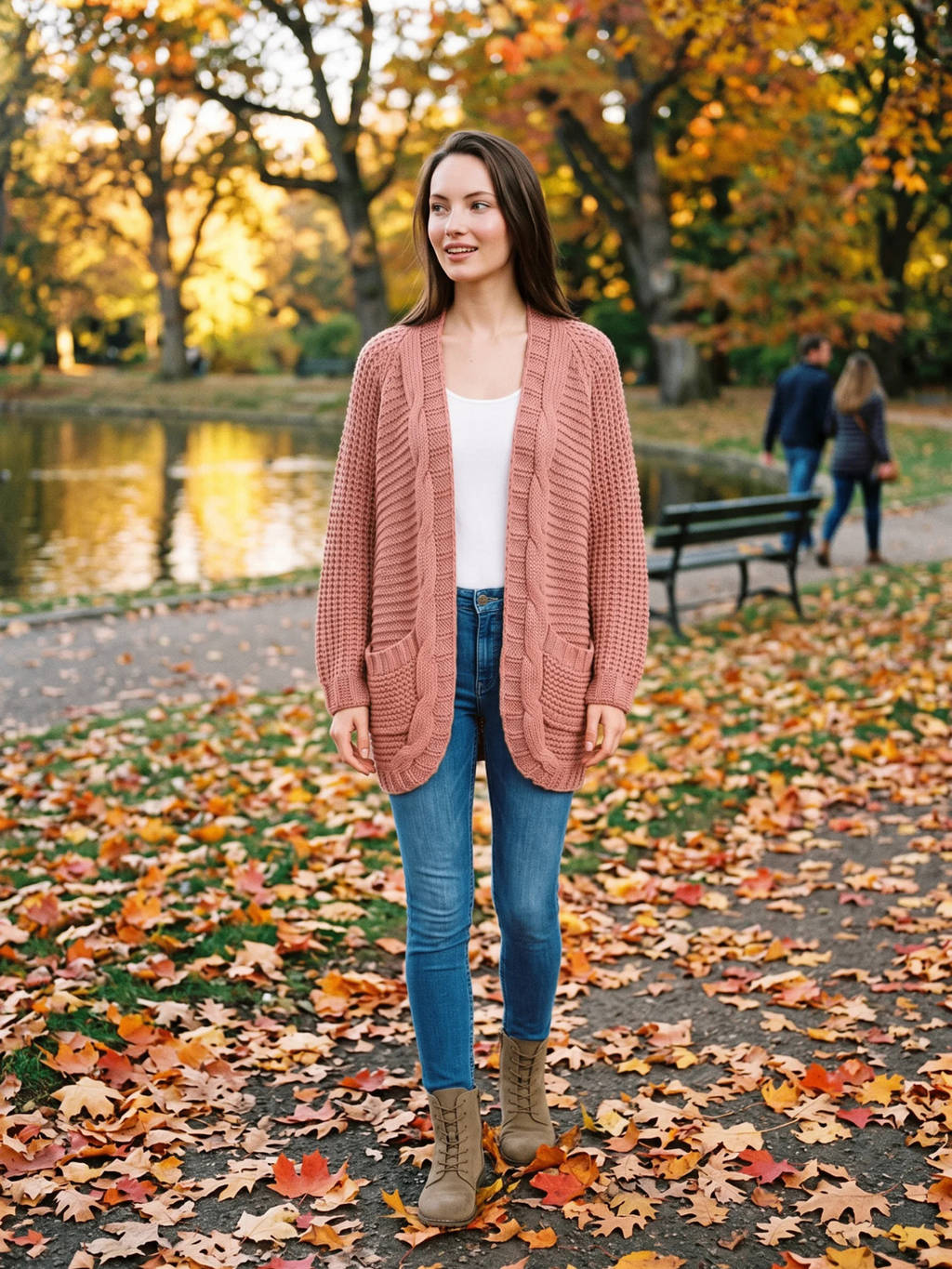 Kardigan Damski | Oversized z Splotem Kablowym i Kieszeniami - Arkadya Outlet - Cardigans