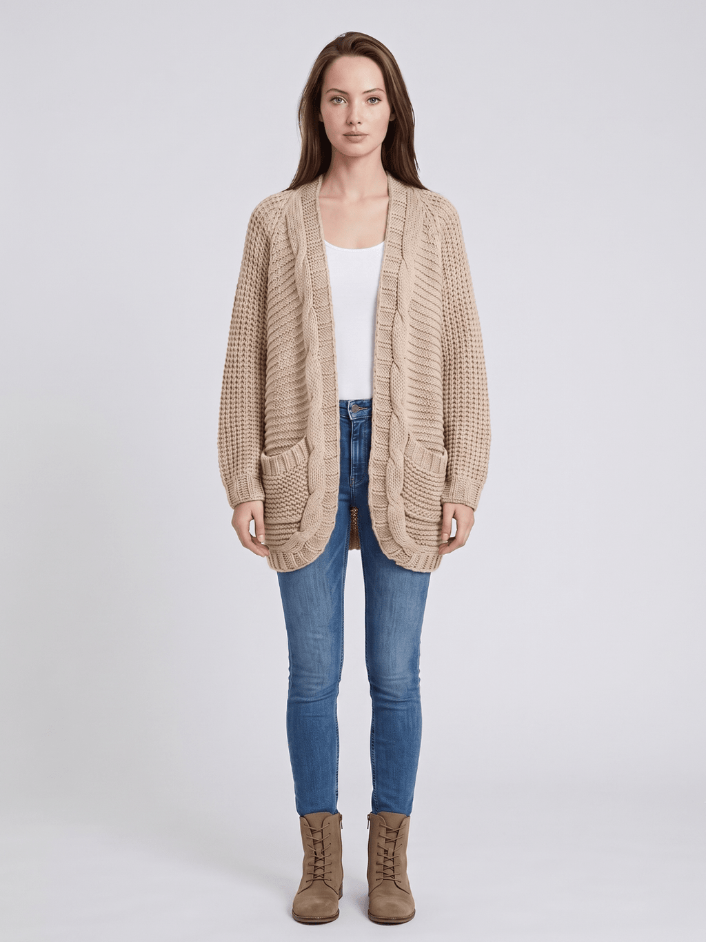 Kardigan Damski | Oversized z Splotem Kablowym i Kieszeniami - Arkadya Outlet - Cardigans
