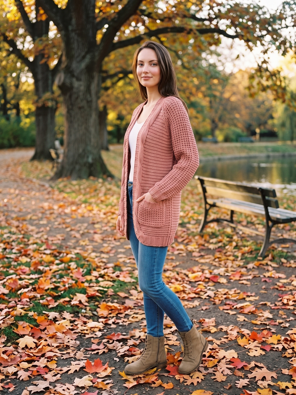Kardigan Damski | Oversized z Splotem Kablowym i Kieszeniami - Arkadya Outlet - Cardigans