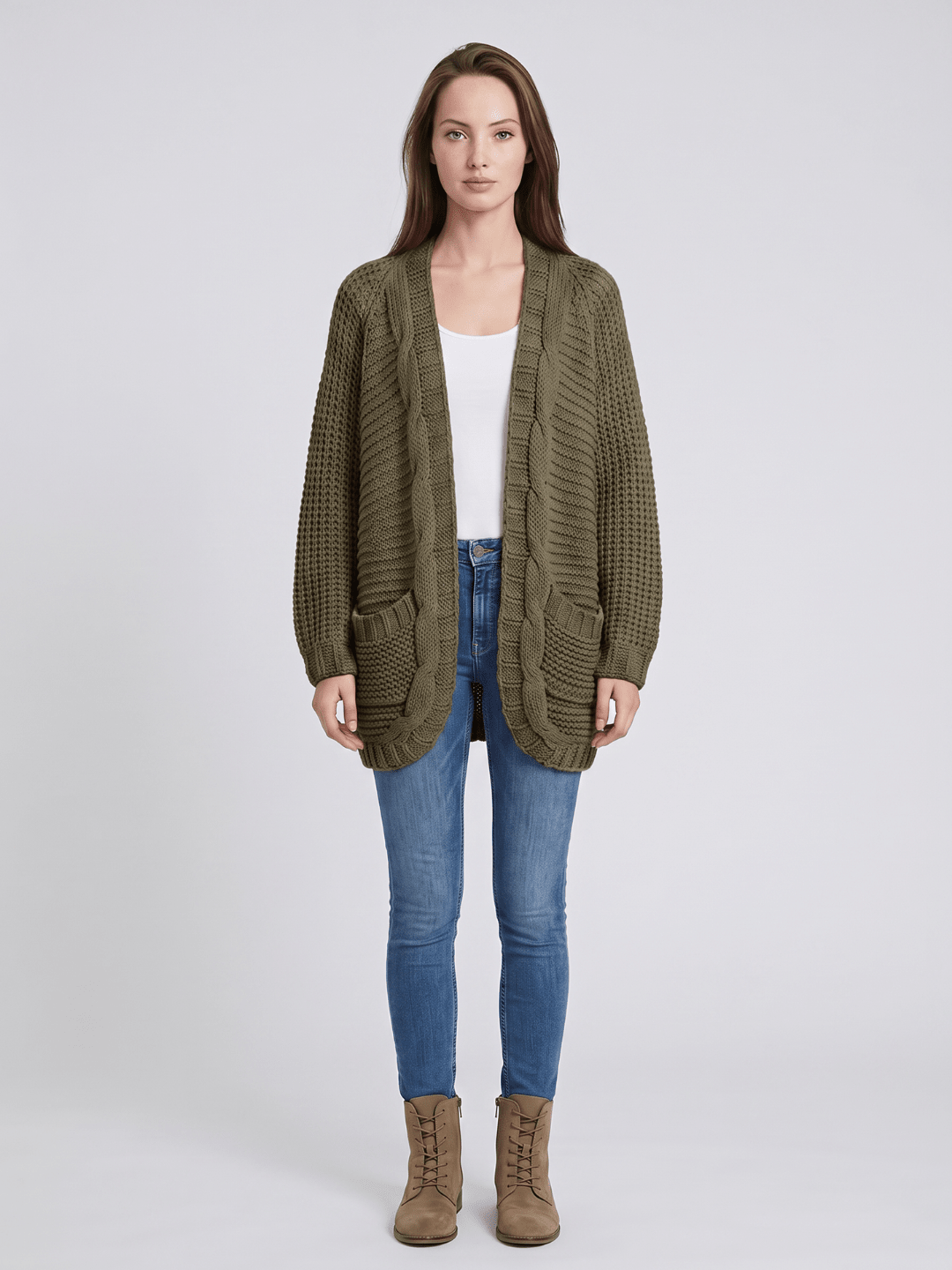 Kardigan Damski | Oversized z Splotem Kablowym i Kieszeniami - Arkadya Outlet - Cardigans