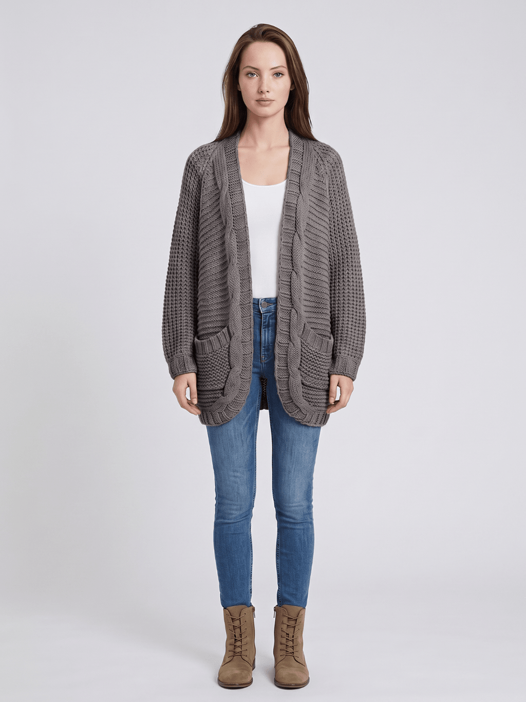 Kardigan Damski | Oversized z Splotem Kablowym i Kieszeniami - Arkadya Outlet - Cardigans