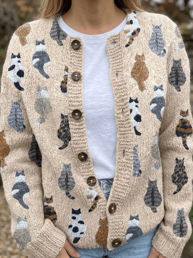Kardigan Damski | Wzór w Koty z Guzikami z Przodu - Arkadya Outlet - Cardigans