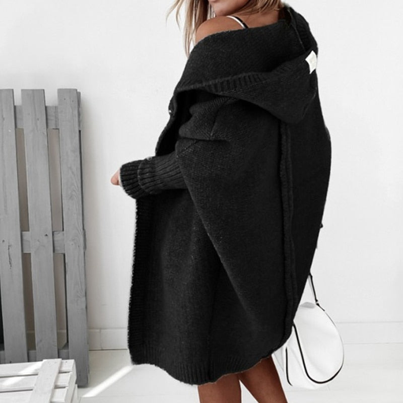Kardigan Damski z Kapturem | Długi krój z otwartym przodem - Arkadya Outlet - Cardigans