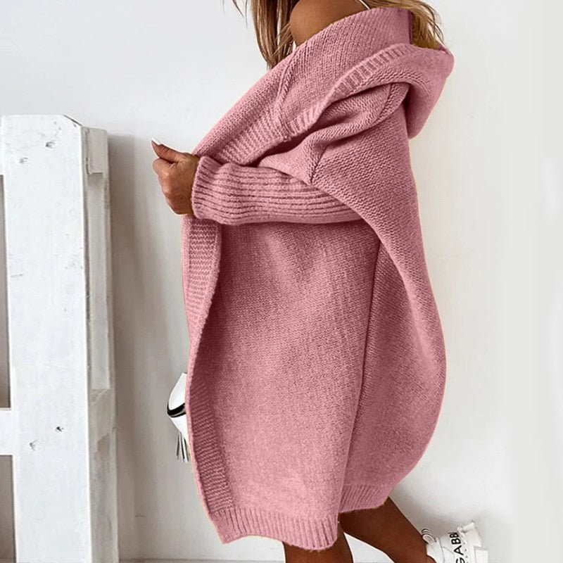 Kardigan Damski z Kapturem | Długi krój z otwartym przodem - Arkadya Outlet - Cardigans