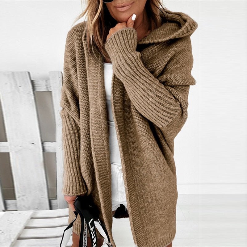 Kardigan Damski z Kapturem | Długi krój z otwartym przodem - Arkadya Outlet - Cardigans