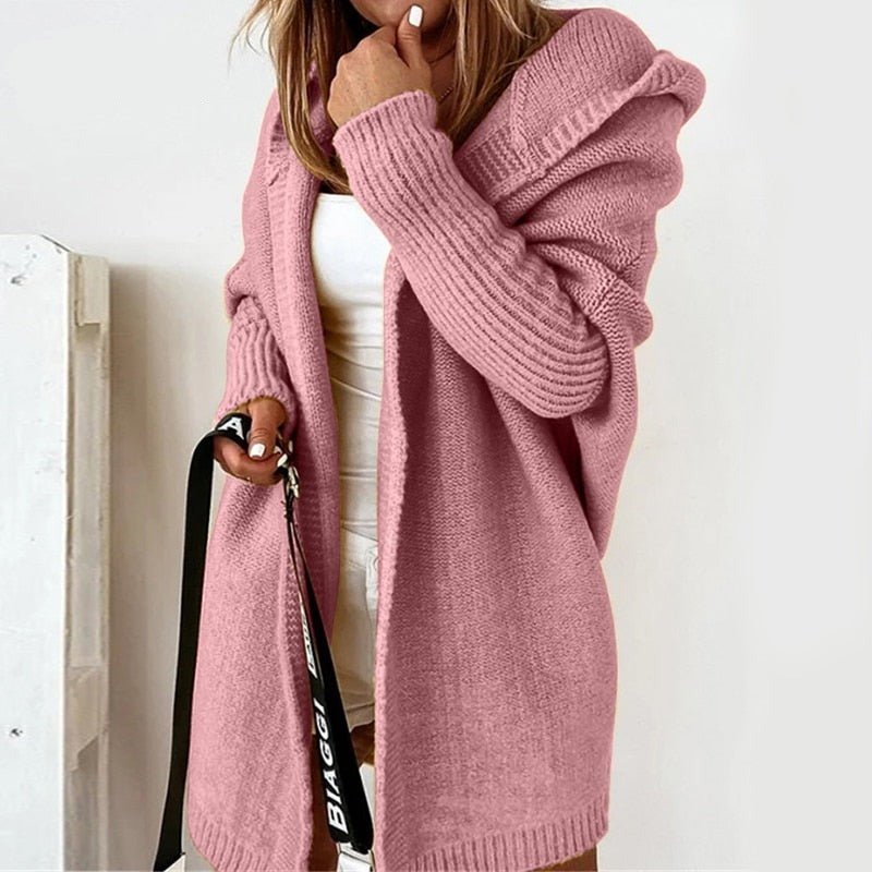Kardigan Damski z Kapturem | Długi krój z otwartym przodem - Arkadya Outlet - Cardigans