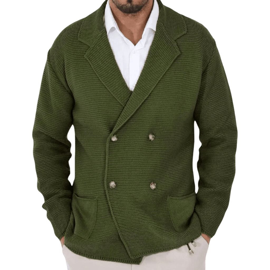 Kardigan męski dwurzędowy krój typu marynarka z kołnierzem - Arkadya Outlet - Men Cardigan