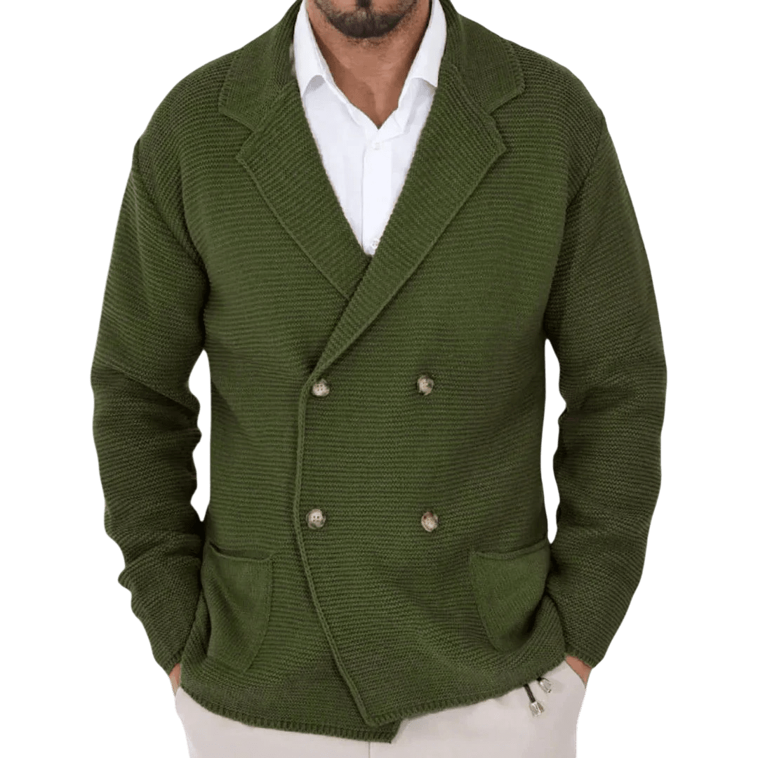 Kardigan męski dwurzędowy krój typu marynarka z kołnierzem - Arkadya Outlet - Men Cardigan