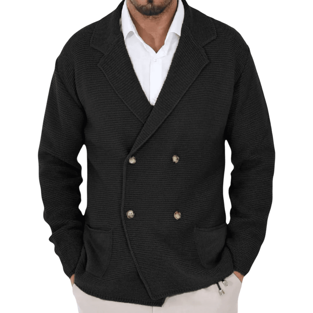 Kardigan męski dwurzędowy krój typu marynarka z kołnierzem - Arkadya Outlet - Men Cardigan
