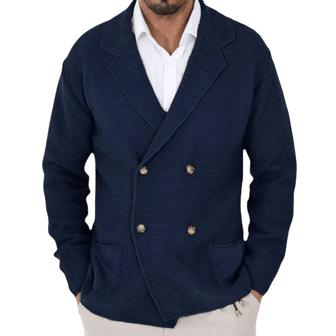 Kardigan męski dwurzędowy krój typu marynarka z kołnierzem - Arkadya Outlet - Men Cardigan